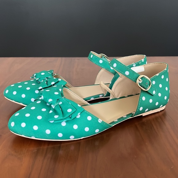 Janie and Jack, DOT BOW FLATS, green and white, size 3 - Picture 2 of 7